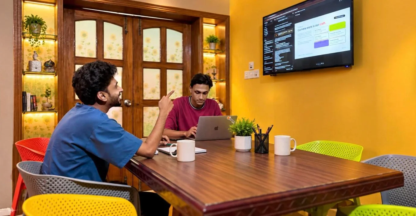 Two artists discussing a project in the yellow meeting room